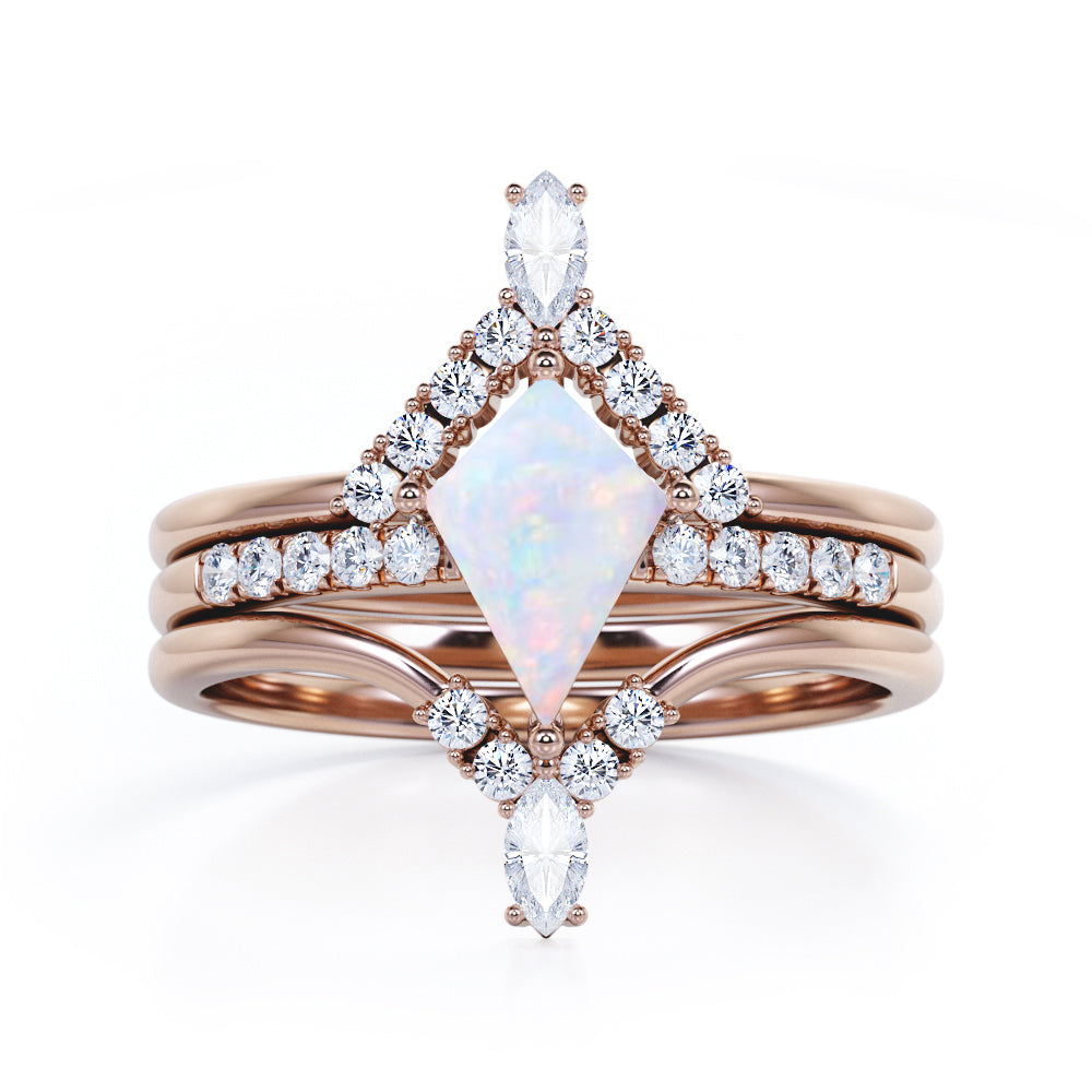 Artistic Chevron 1.5 carat Kite shaped Ethiopian Opal and diamond V-shaped trio wedding ring set for women in Rose gold
