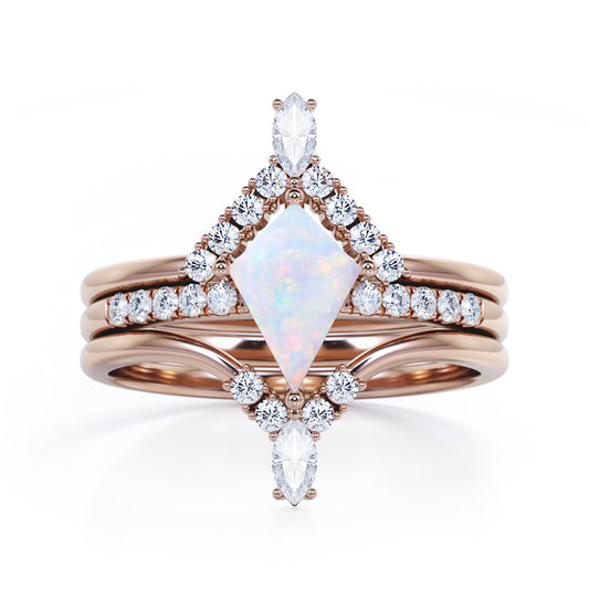 Artistic Chevron 1.5 carat Kite shaped Ethiopian Opal and diamond V-shaped trio wedding ring set for women in Rose gold