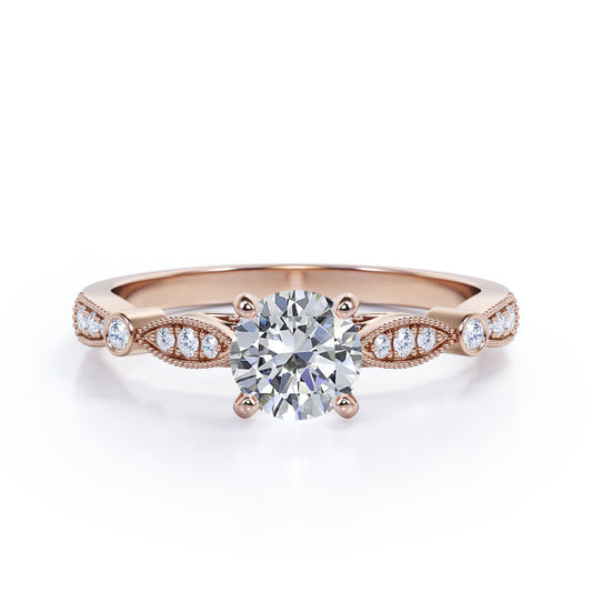 Vintage cathedral 1.25 carat Round cut Moissanite and diamond 4 prong engagement ring in Rose gold