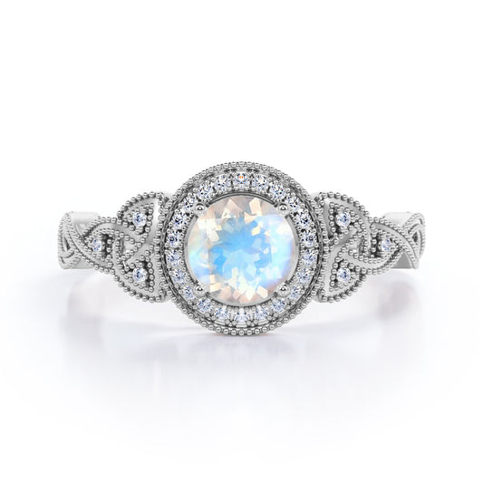 Infinity Halo 1.5 carat Round cut Moonstone and diamond engraved engagement ring in White gold
