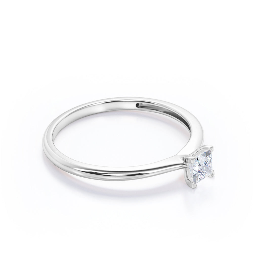 Elegant Solitaire 0.5 carat Princess cut Moissanite-cathedral setting-tapered shank engagement ring in White gold