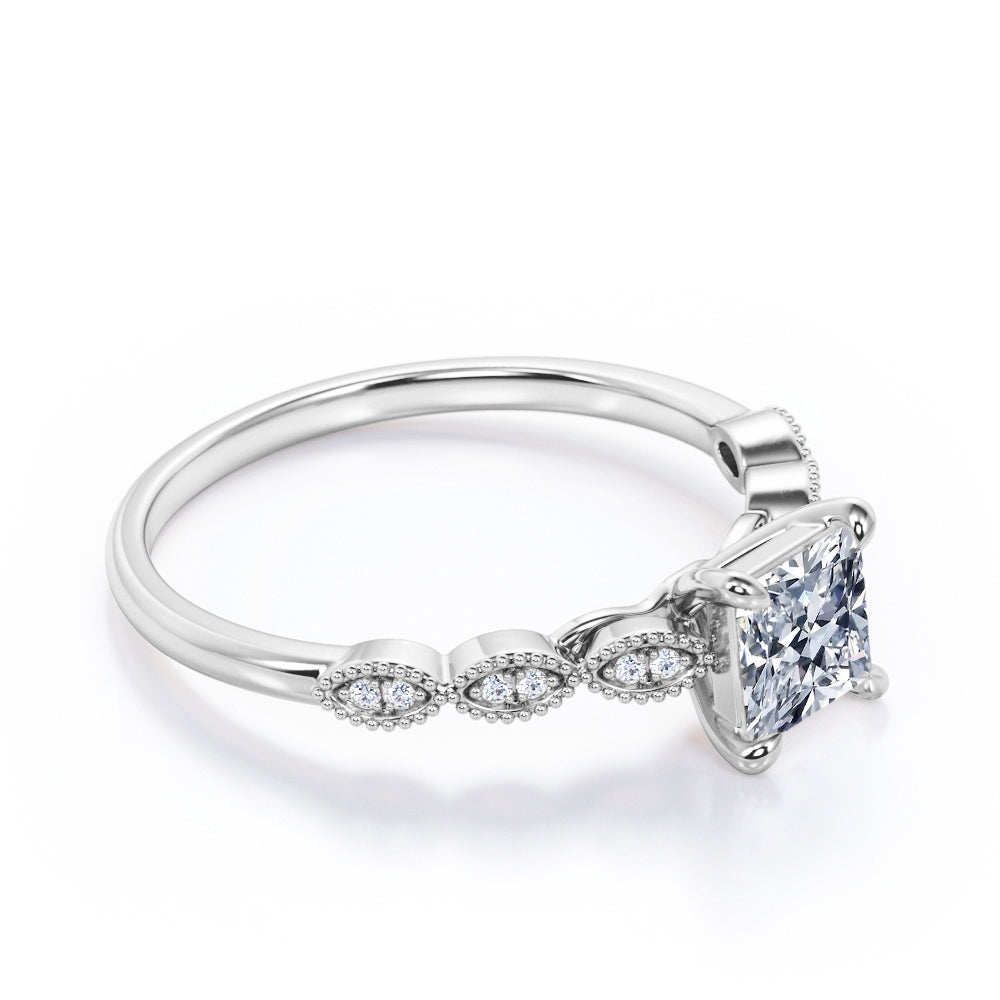 Claw prong setting 1.15 carat Princess cut Moissanite and diamond bead décor engagement ring in White gold