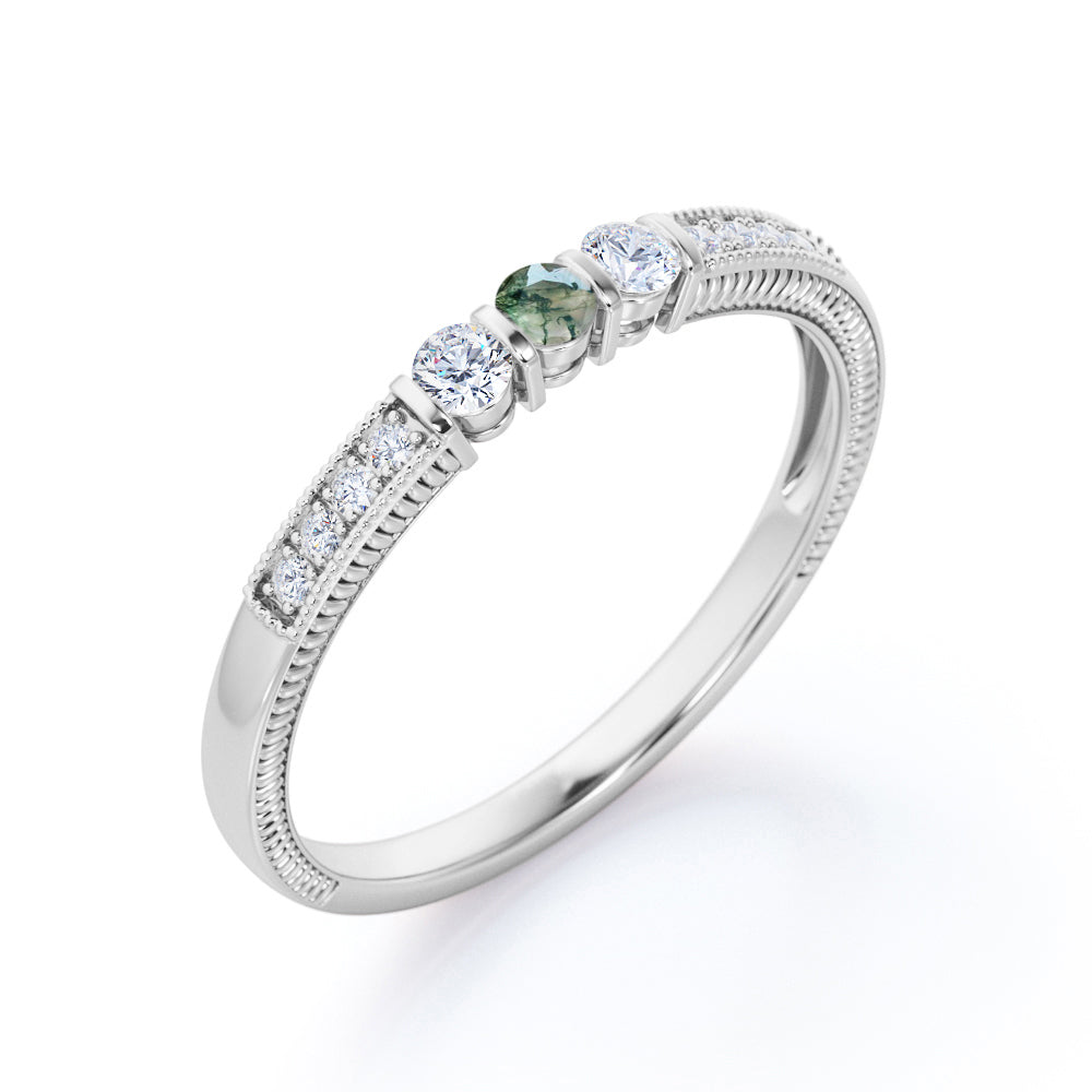 Delicate Filigree and bead décor 0.45 carat Round cut Moss Green Agate and diamond vintage style engagement ring in White gold