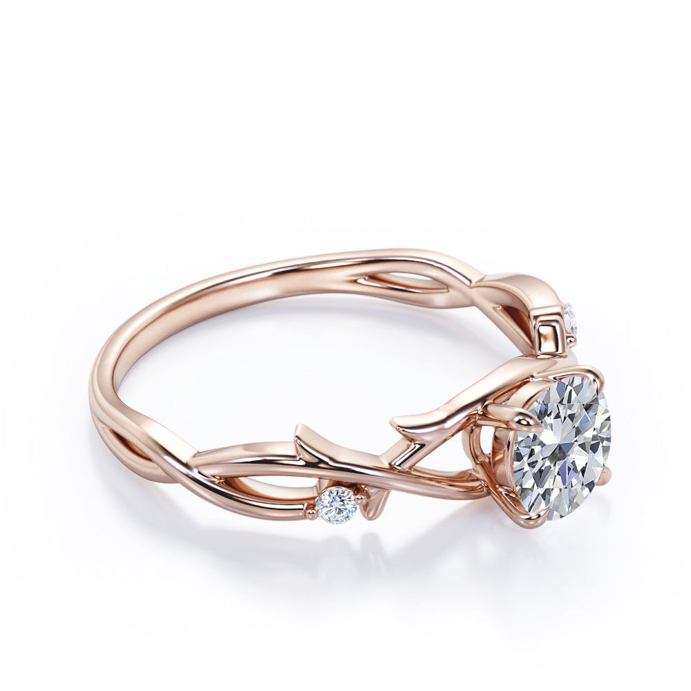 Branch leaf inspired 1 carat Round cut Moissanite and diamond solitaire engagement ring in rose gold