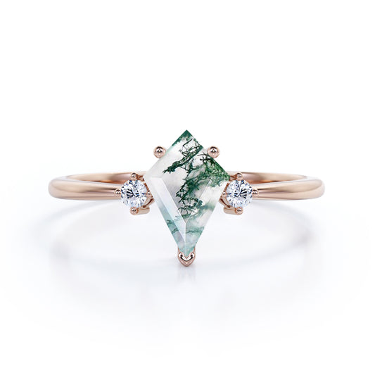 Elegant Trilogy 1 carat Kite shaped Moss Green Agate and diamond vintage inspired engagement ring in Rose gold