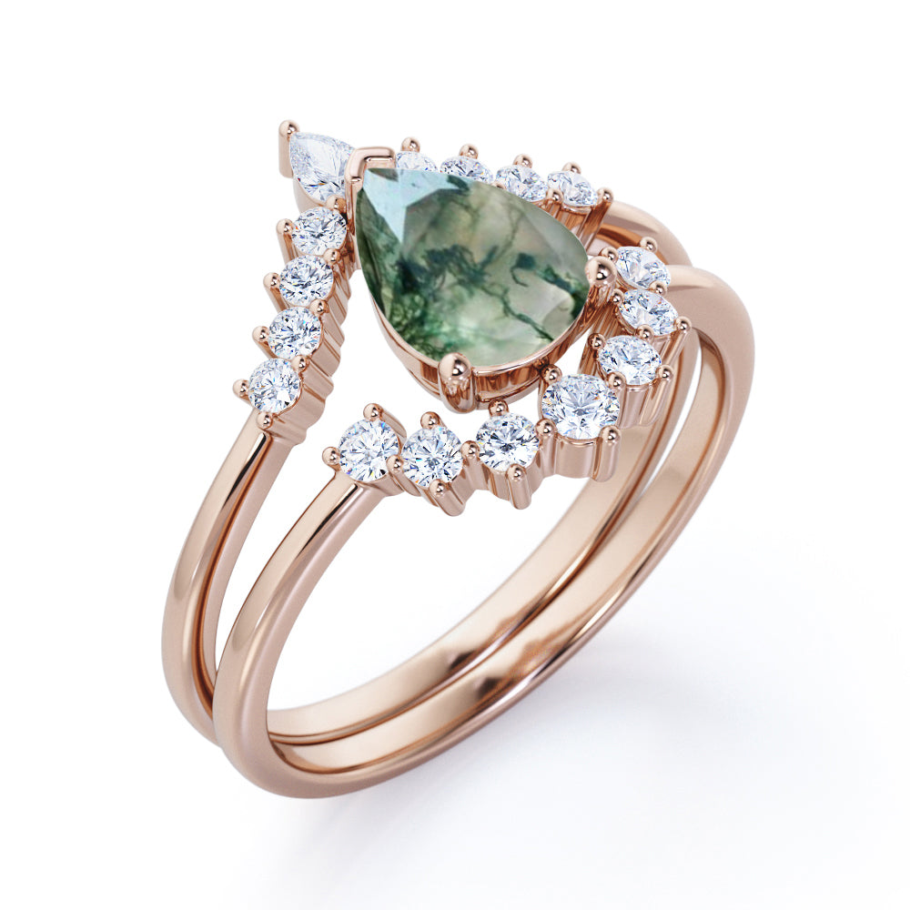 Vintage Crown inspired 1.25 carat Pear cut Moss Green Agate and diamond art deco Bridal set for women in Rose gold