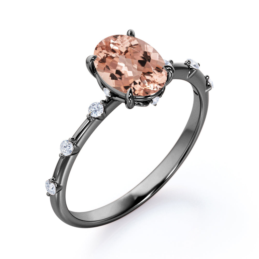 Dainty Vine 1.1 carat Oval cut Morganite and diamond nature inspired engagement ring in Black gold