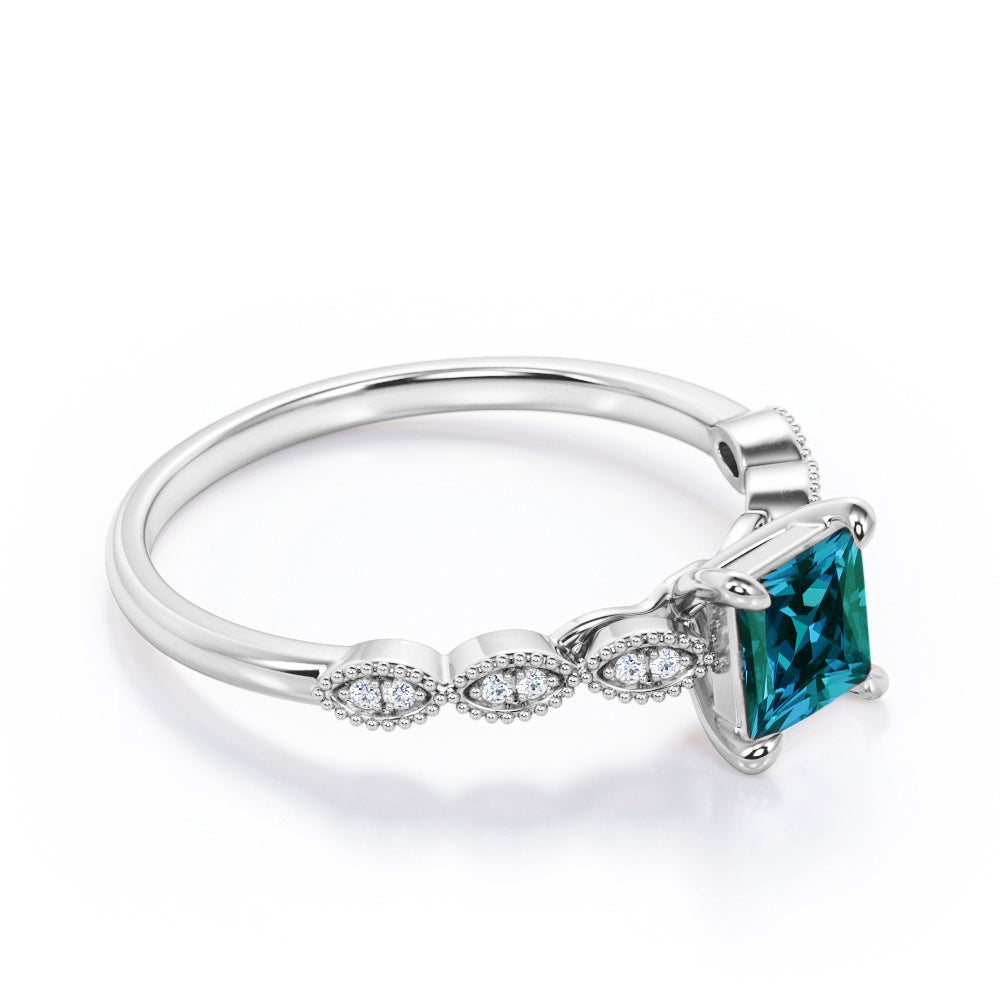 Minimal 1.1 carat Princess cut Lab made Alexandrite and diamond engagement ring for women in White gold