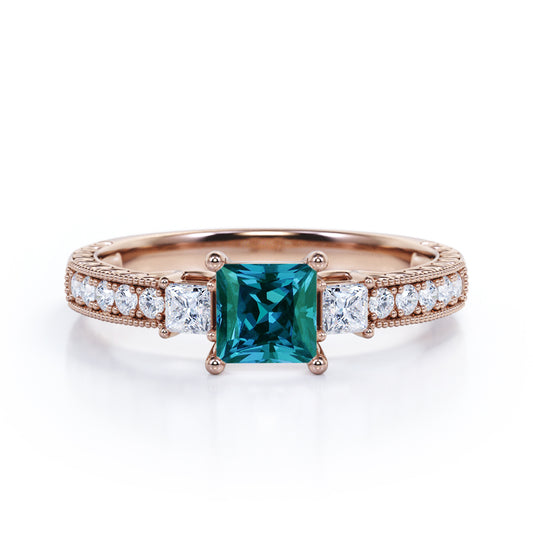 Milgrain Trilogy 1.25 carat Princess cut Alexandrite and diamond antique art deco engagement ring in Rose gold