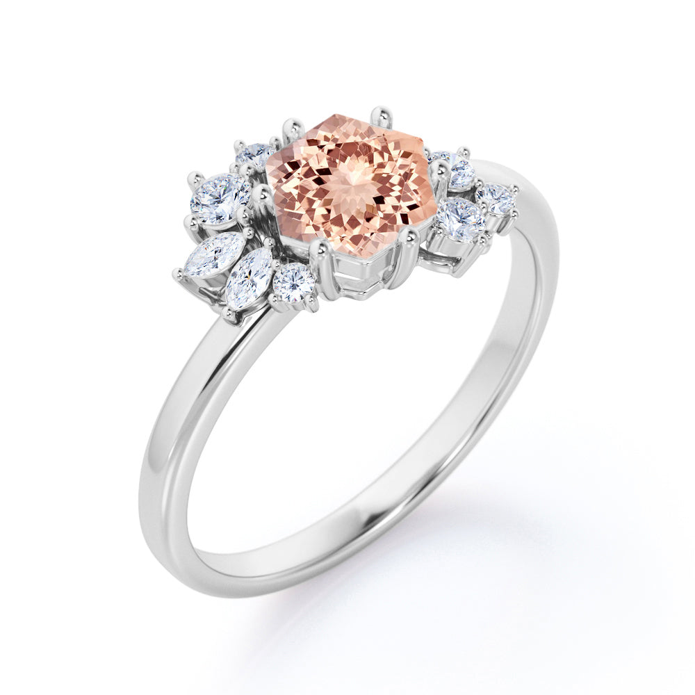 Art deco Inspired 0.65 carat Hexagon shaped Morganite and diamond flower engagement ring in White gold