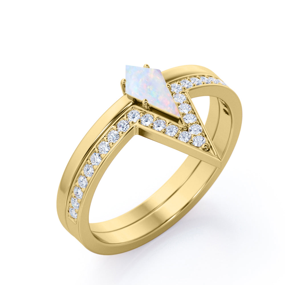 Plain Shank 1.30 carat Kite shaped Opal and pave diamonds Channel setting engagement ring in Yellow gold
