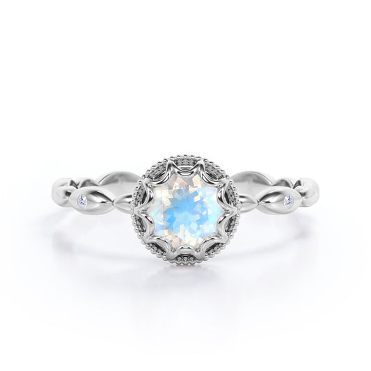 Flower Milgrain Halo 1 carat Round cut Blue Moonstone solitaire infinity engagement ring in White gold
