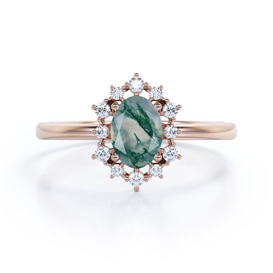 Snowflake Cluster 1.2 carat Oval shaped Moss Green Agate and diamond halo engagement ring in Rose gold