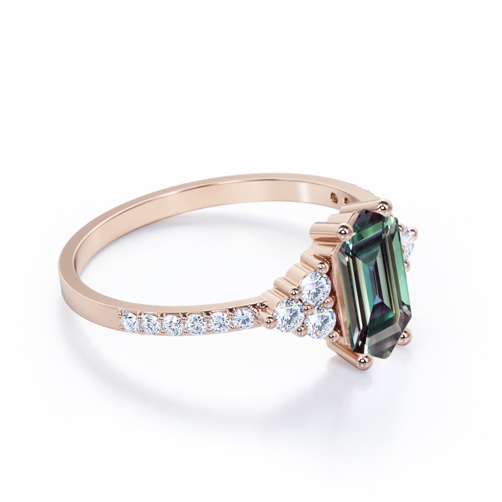 Eternity Pave 1.5 carat Hexagon cut Alexandrite and diamond vintage inspired engagement ring in Rose gold