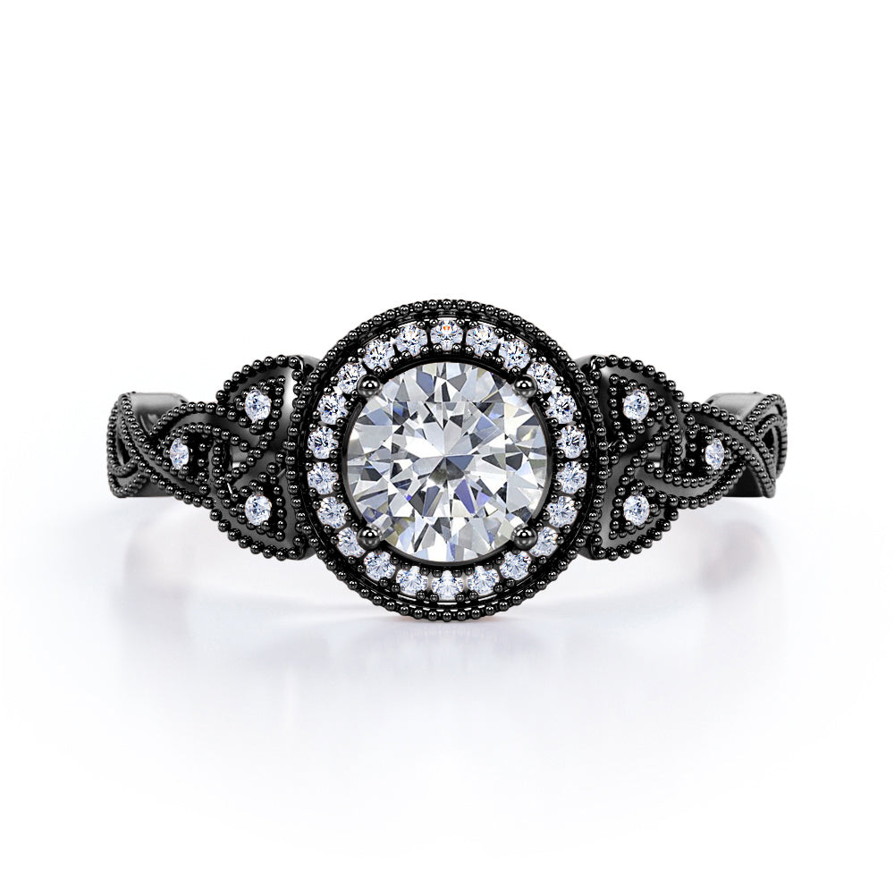 Twisted infinity 1.5 carat Round cut Moissanite and diamond vintage halo engagement ring in Black gold
