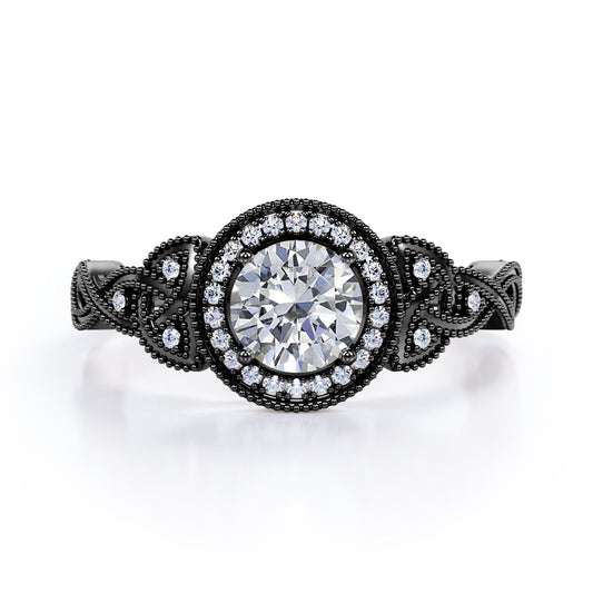 Twisted infinity 1.5 carat Round cut Moissanite and diamond vintage halo engagement ring in Black gold