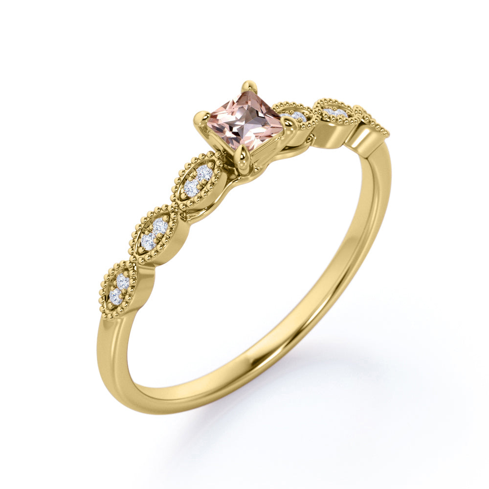 Antique beaded 0.75 carat Princess cut Morganite and diamond claw prong engagement ring in Yellow gold