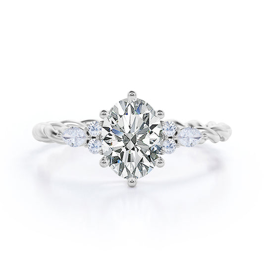 Twisted Rope style 1 carat Oval shaped Moissanite and diamonds 6 prong engagement ring White gold