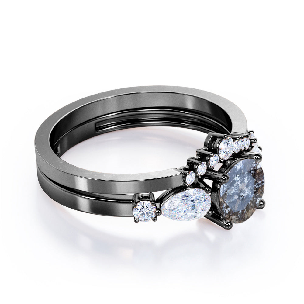 Tiara inspired 0.75 carat Round cut Salt and pepper diamond and White diamond chevron bridal set in Black gold