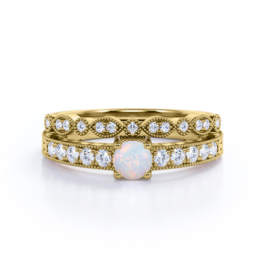 Antique Art deco 0.75 carat Round cut natural Opal and diamond Beaded-Milgrain wedding ring set for women in Yellow gold