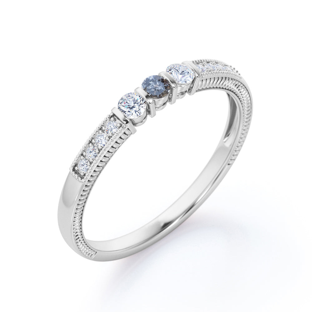 Delicate 0.45 carat Round cut Salt and pepper diamond and white diamond leaf filigree engagement ring in White gold