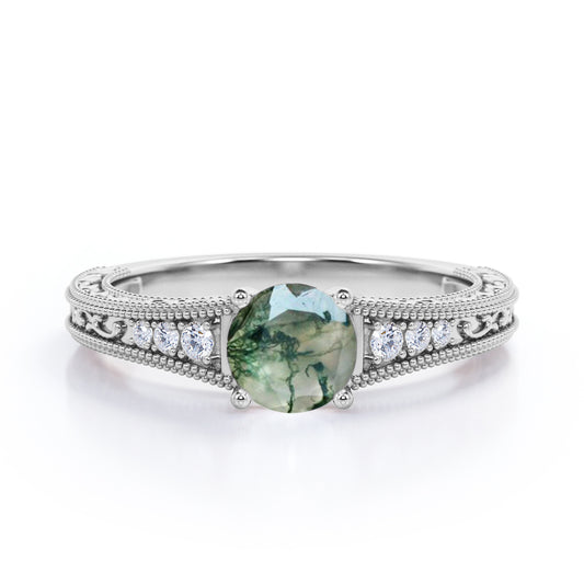 Art deco filigree 1.25 carat Round cut Moss Agate and diamond antique vintage engagement ring in White gold