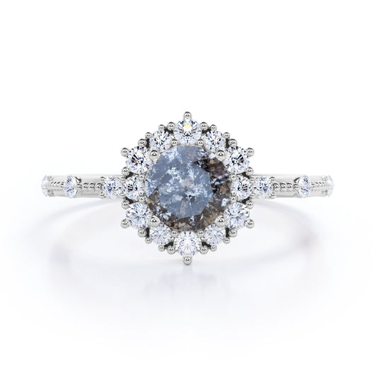 Floral Cluster 0.85 carat Round cut Salt and pepper diamond and White diamond beaded engagement ring in White gold