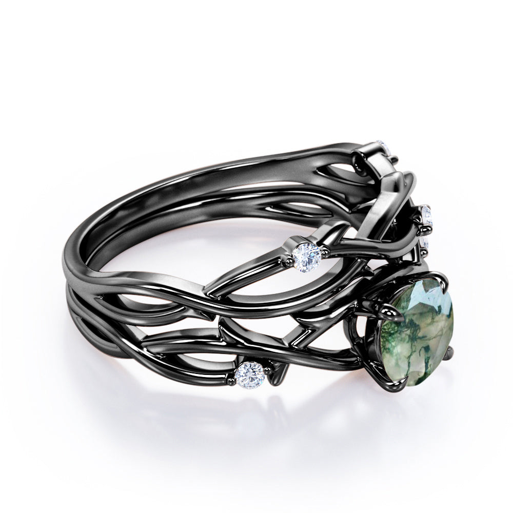 Dainty twig Branch 1.1 carat Round cut Moss Green Agate and diamond floral style wedding ring set in Black gold