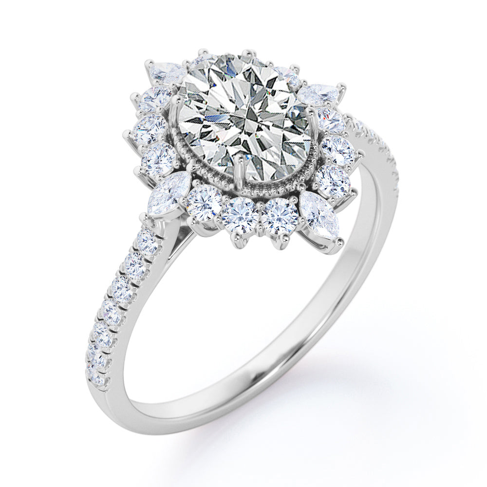 Vintage Cluster 1.3 carat Oval cut Moissanite and diamond halo style engagement ring in white gold