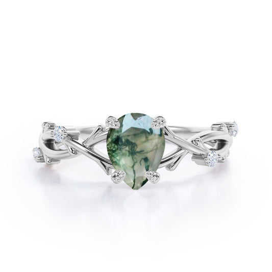 Solitaire Vine 1.1 carat Pear shaped Moss Green Agate and diamond nature inspired engagement ring in White gold