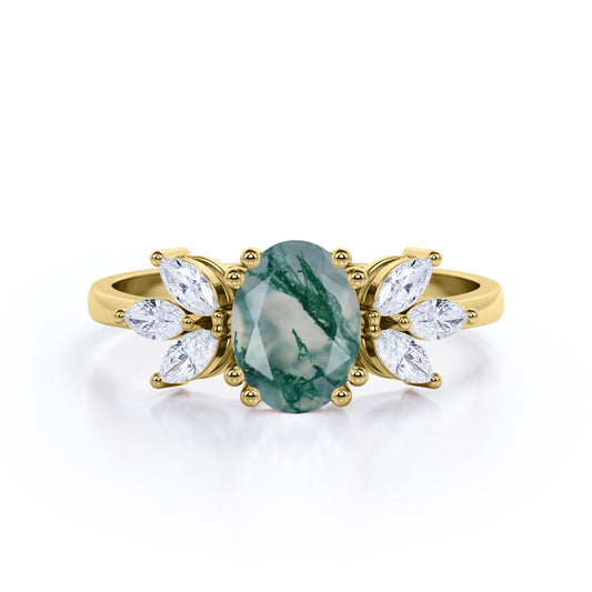 Double prong style 1.15 carat Oval cut  Moss Green Agate and diamond seven stone engagement ring in yellow gold