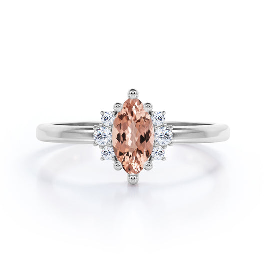 Butterfly style inspired 1.15 carat Marquise shaped Morganite and diamond floral engagement ring in White gold