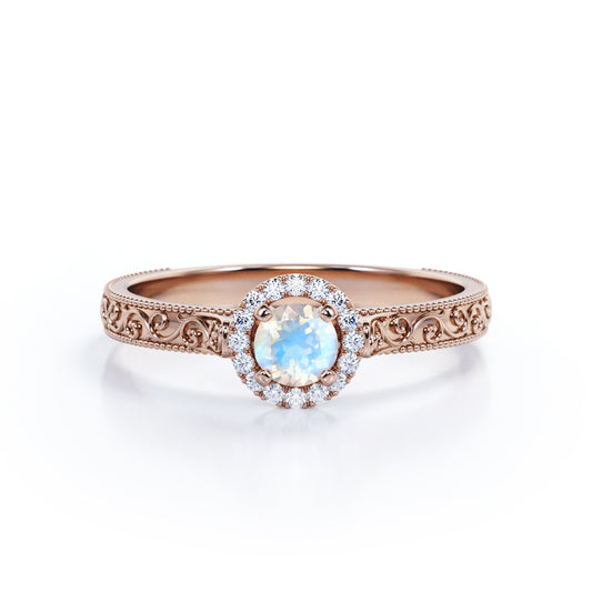 Ornamental Filigree 1.2 carat Round cut Moonstone and diamond halo engagement ring for women in Rose gold
