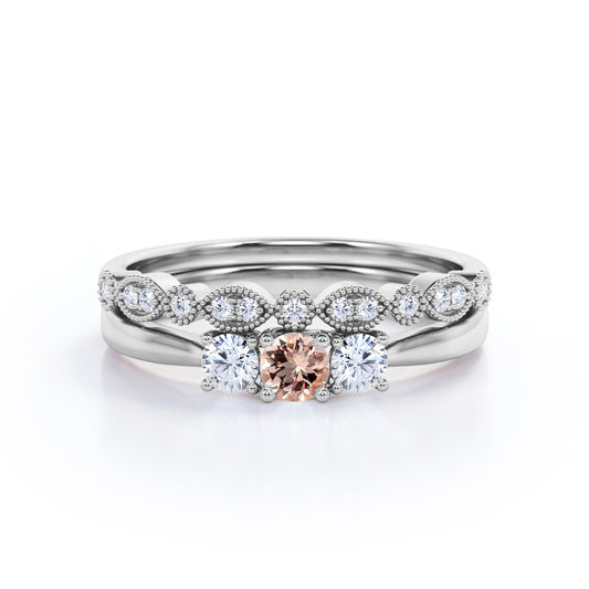 Antique Trilogy 0.8 carat Round cut Peach Pink Morganite and diamond Milgrain wedding ring set in White gold