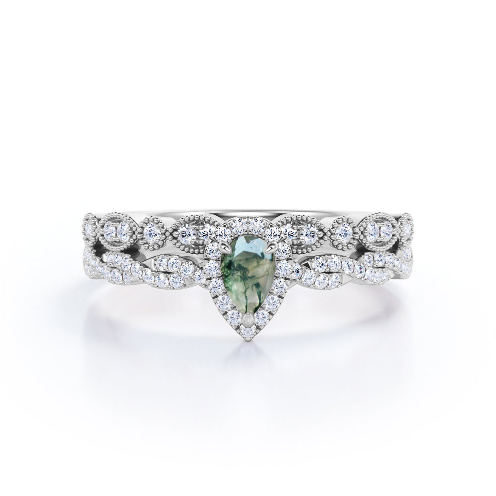 Infinity Halo 1.1 carat Pear cut Moss Green Agate and diamond bridal set for her in White gold