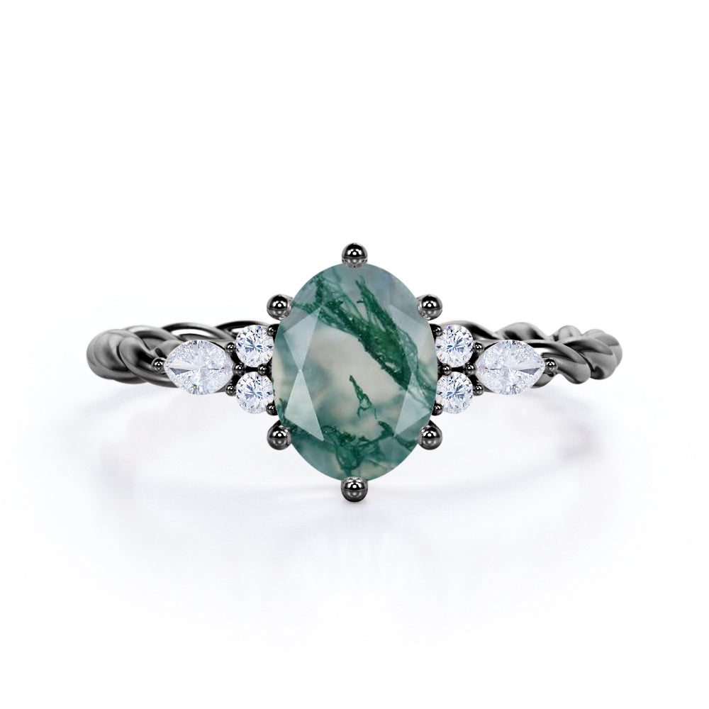 Vintage Braided 1.1 carat Oval cut Moss Green Agate and diamond infinity prong engagement ring in Black gold