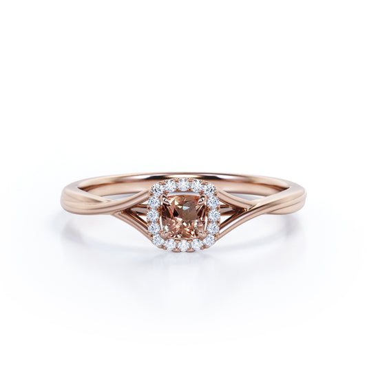 Art Deco Twisted Shank 0.65 carat Cushion cut Peach Morganite and diamond halo engagement ring in Rose gold
