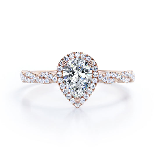 Twisted rope style 1.5 carat Pear cut Moissanite and diamond infinity halo engagement ring in Rose gold