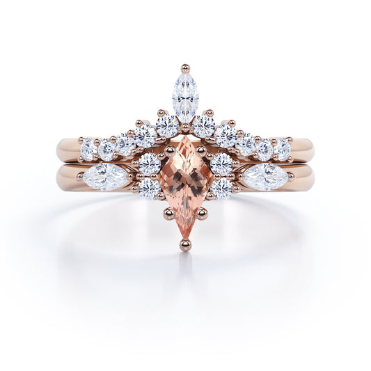 Vintage Crown 1.5 carat Kite shaped Peach Morganite and diamond Chevron tiara wedding ring set in Rose gold