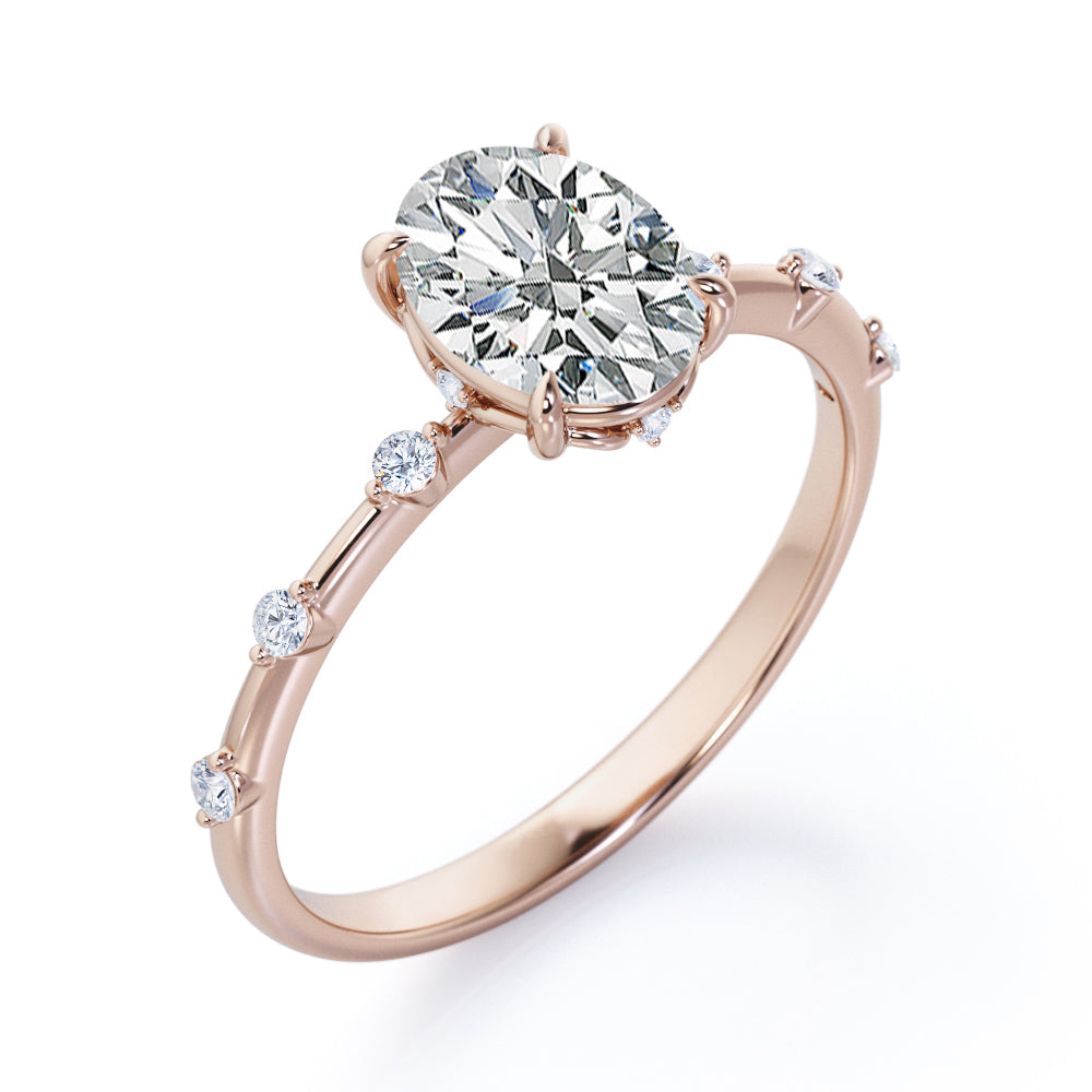 Delicate twig 1 carat Oval shaped Moissanite and diamond 7 stone engagement ring for her in rose gold