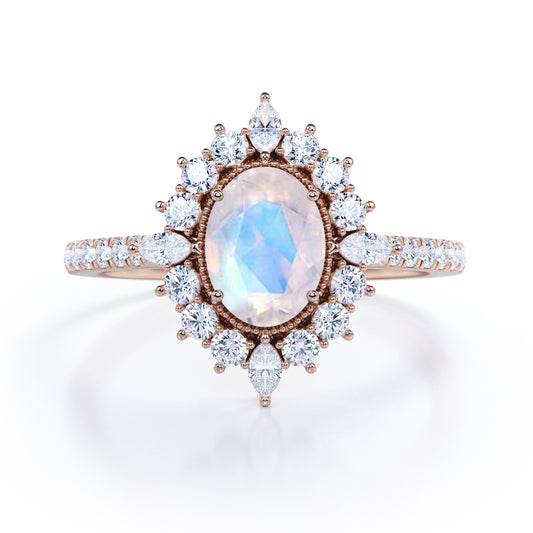 Huge Clustered Halo 1.5 carat Oval cut Moonstone and diamond Beaded eternity engagement ring in Rose gold