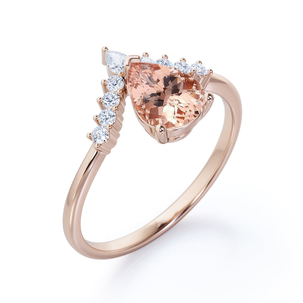 Antique Crown inspired 1.25 carat Pear Shaped Morganite and diamond engagement ring in Rose gold