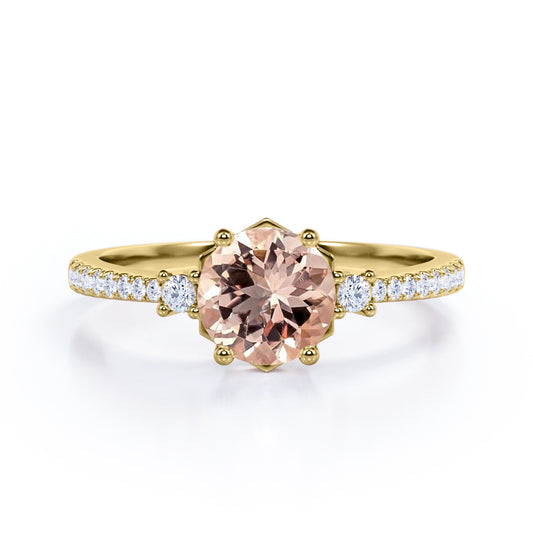 Asymmetric Bezel 1.25 carat Round cut Peach Morganite and diamond eternity style three stone wedding ring set in Yellow gold