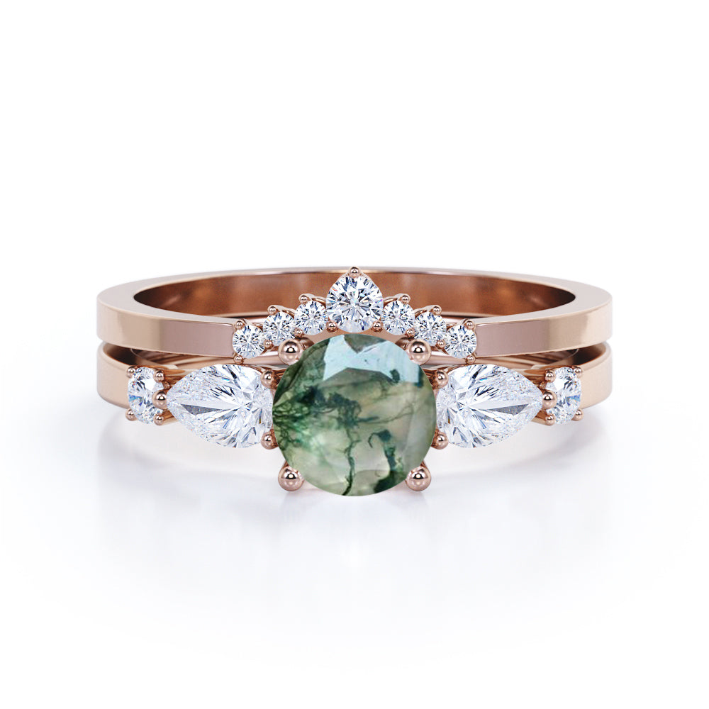 Fairytale Chevron 1.3 carat Round cut Moss Green Agate and diamond wedding ring set in Rose gold