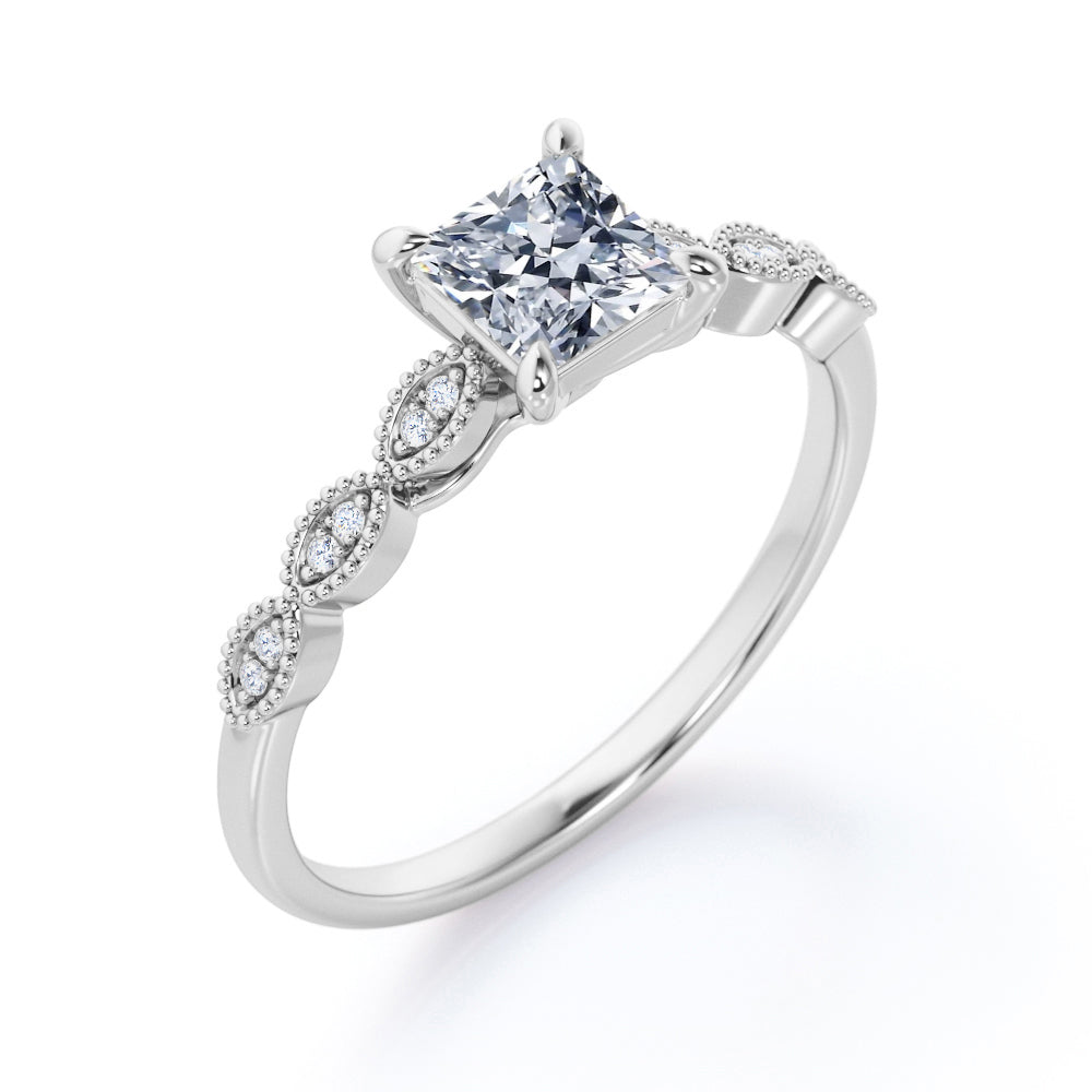 Claw prong setting 1.15 carat Princess cut Moissanite and diamond bead décor engagement ring in White gold