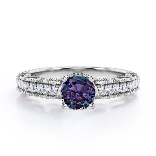 Vintage Freestyle 1.25 carat Round cut Lab created Alexandrite and diamond milgrain engagement ring in White gold