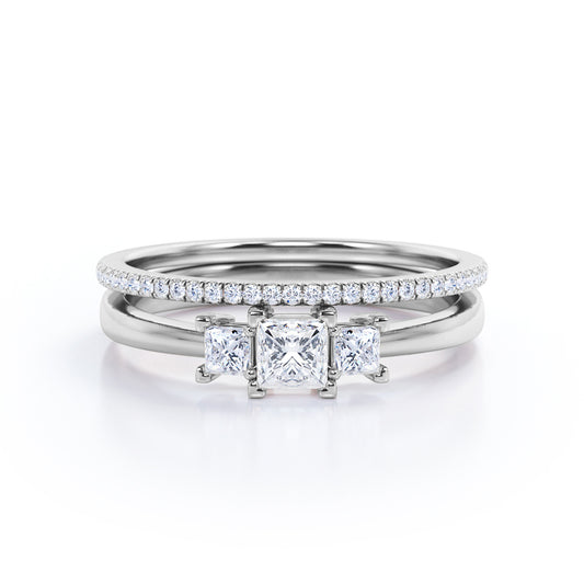 Antique Trilogy 0.85 carat Princess cut Moissanite and diamond eternity wedding ring set for women in White gold