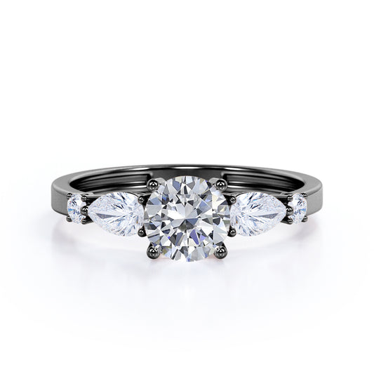 Classic art deco 1.15 carat Round cut Moissanite and diamond 4 prong engagement ring in Black gold
