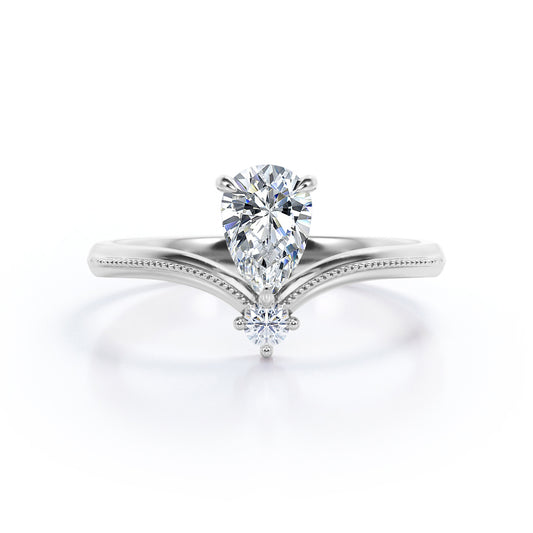 Modern Milgrain V shaped Pear cut 0.35 carat 2 stone diamond engagement ring in Gold