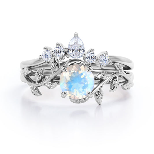 Vine Tiara 1.25 carat Round cut Moonstone and diamond nature themed wedding ring set in White gold